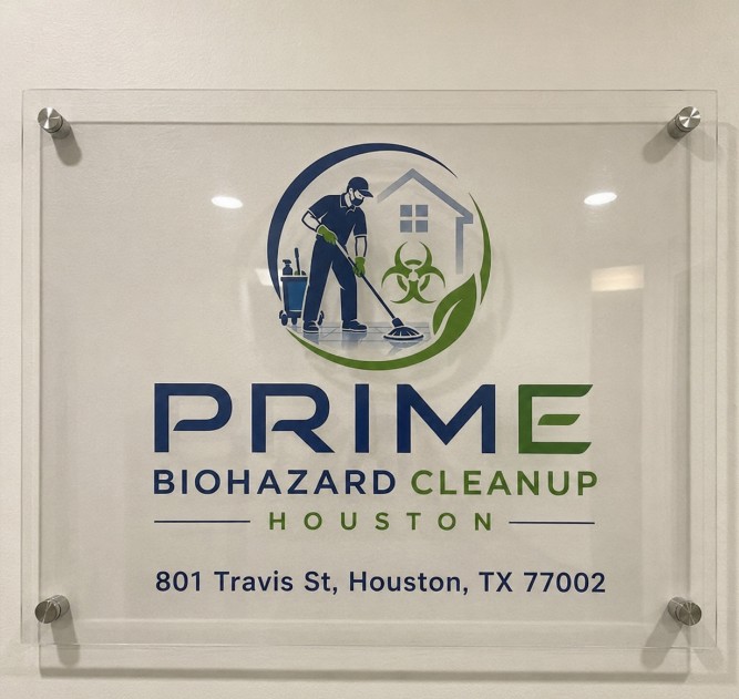 Prime Biohazard Cleanup Houston office signage at 801 Travis St